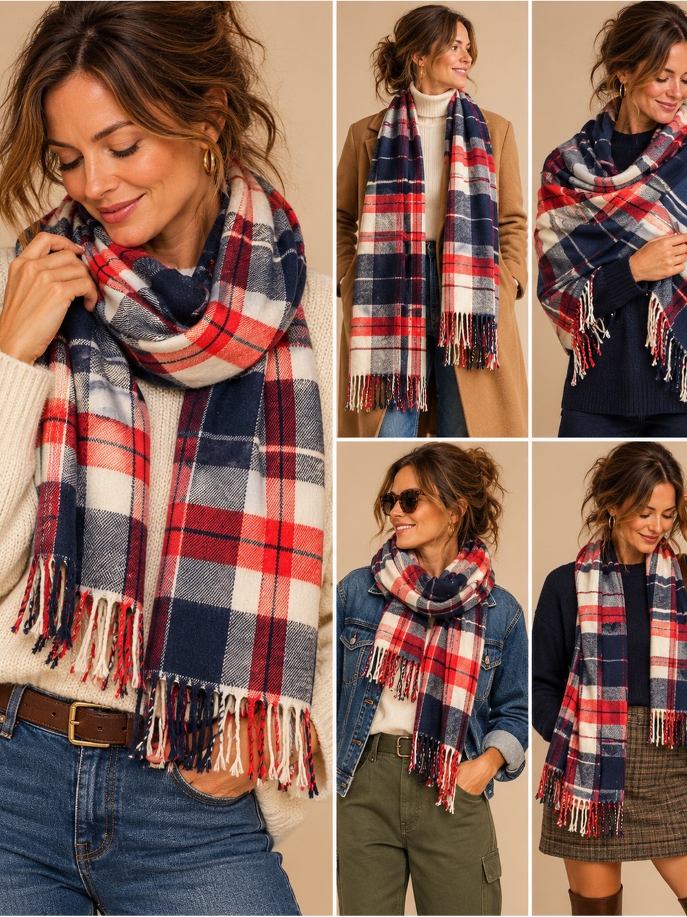 Lands End Plaid Blanket Scarf Red Navy Cream Gray Fringe Cozy Soft 15” x 70”